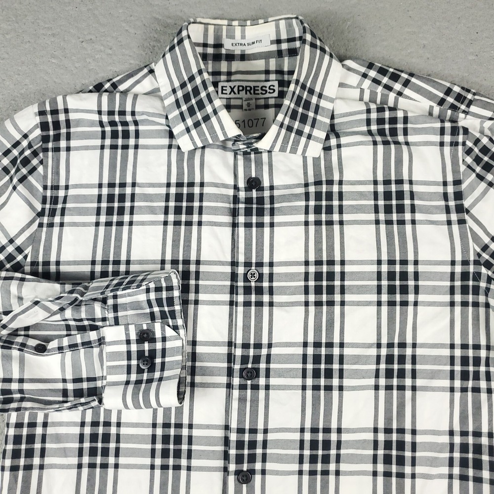 Express Shirt Mens Size Medium Gray Plaid Slim Fit Button Up Long Sleeve